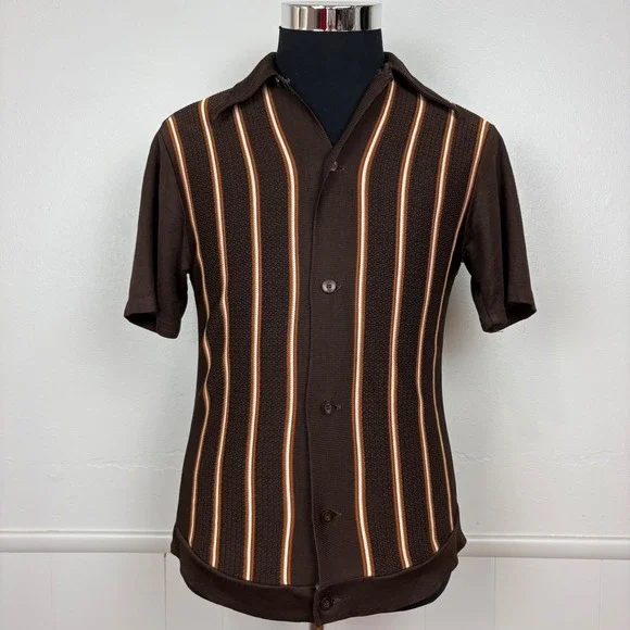 MarVista Sportswear Mens VTG Button Up Polo Shirt Sz S Short Sleeve Brown Stripe - Picture 1 of 17